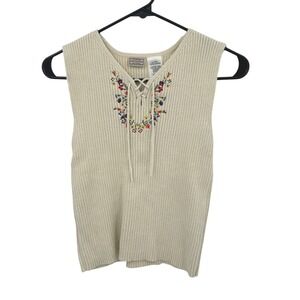 Y2K Embroidered Sweater Tank XL Ribbed Knit Lace Up Boho Cottage Indie Granola